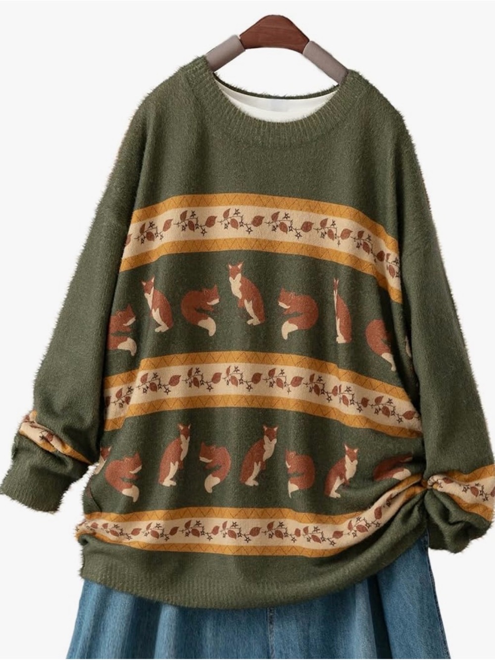 Olive Green Fox-Pattern Crewneck Sweater Cotton/Wool Blend